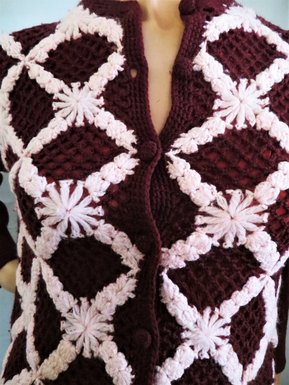 Burgundy and Pink Wool Cardigan Sweater, Knit and… - image 4