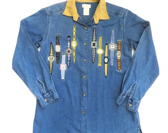 90s Y2K Denim Shirt Jacket, Embroidered Watches,  Medium Wash Cotton,  Women's Small