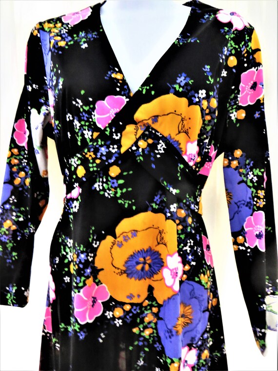 60s 70s Maxi Dress, Black Purple Pink Gold Floral… - image 7