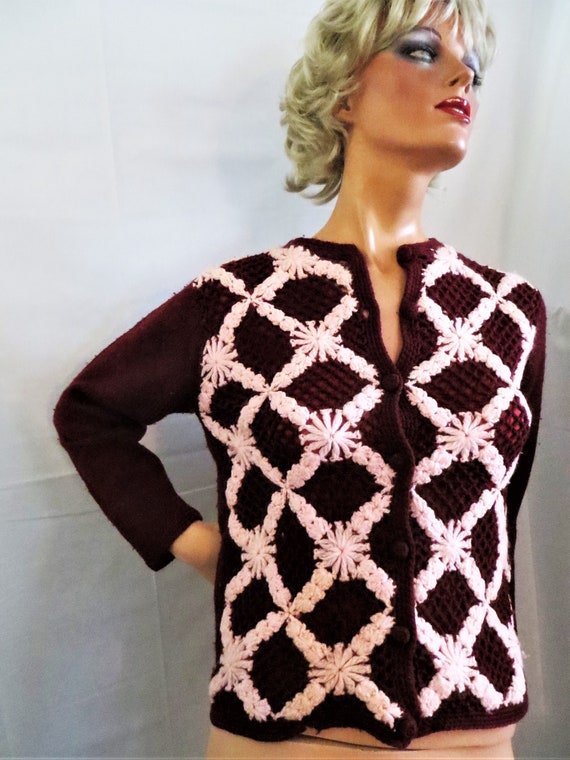 Burgundy and Pink Wool Cardigan Sweater, Knit and… - image 3