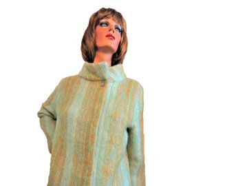 60s Wool Sweater Coat Adela Republic of Ireland, Aqua Green Orange, Stripe Tweed, Loose Weave Like Mohair, Unlined Lightweight, Medium