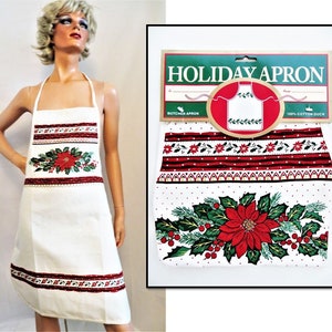 Deadstock Christmas  Apron Poinsettias Holly Border Print, Vintage 80s Holiday Full Apron, Cotton Duck Bib Butcher Apron NOS Unused Has Tags