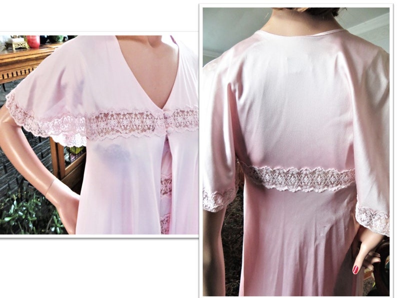 70s Pink Peignoir Set, Rosa Puleo Szule Annique, Stunning Vintage Lacy Nylon Long Nightgown and Robe 2 Piece Fine Lingerie Set Size Small image 7