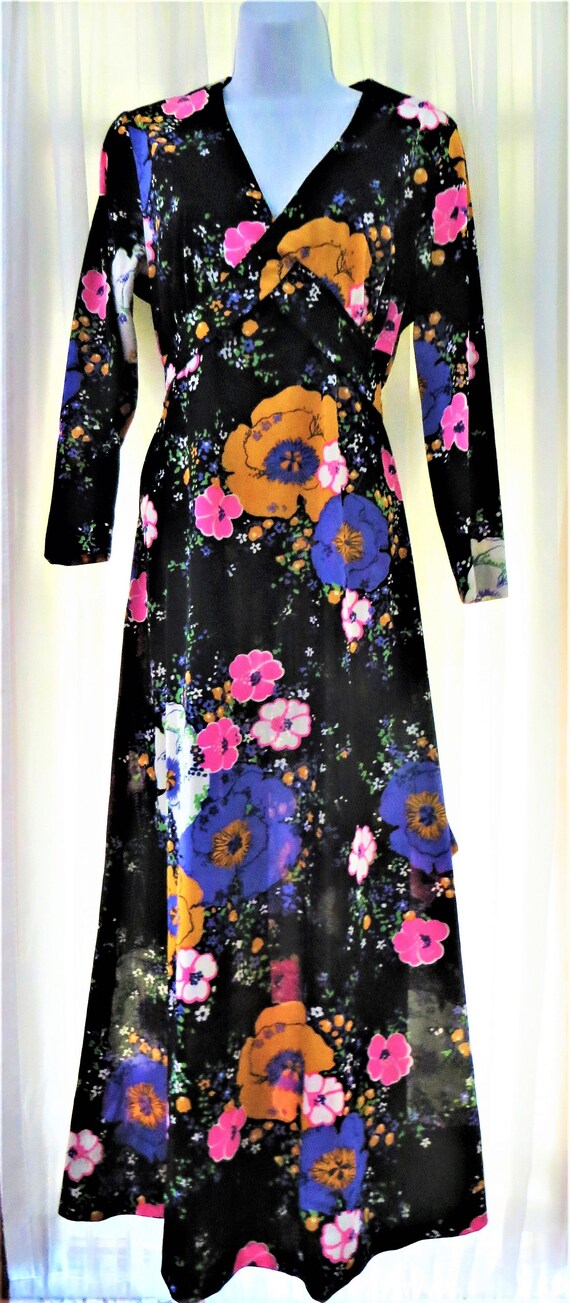 60s 70s Maxi Dress, Black Purple Pink Gold Floral… - image 8