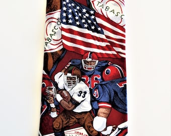 Tabasco Silk Necktie with Football American Flag, 62 in Long, Dark Red Background, Sports Novelty Necktie, Made in USA, Football Fan Jock