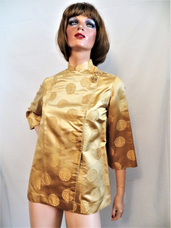 Vintage Dynasty Gold Silk Satin Jacket, Hong Kong, Br… Gem