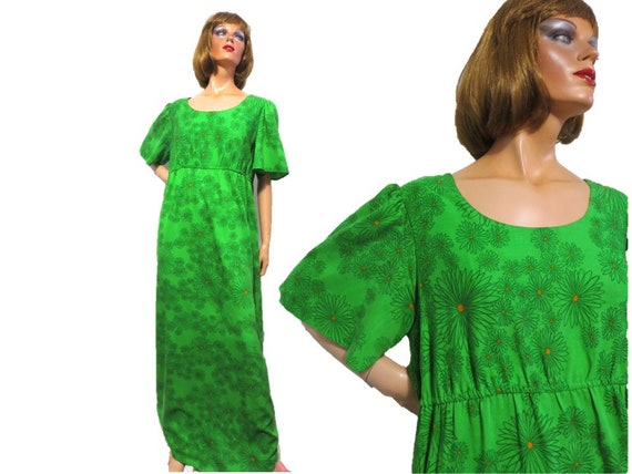 60s 70s Hawaiian Maxi Dress, Green Orange Daisy P… - image 1