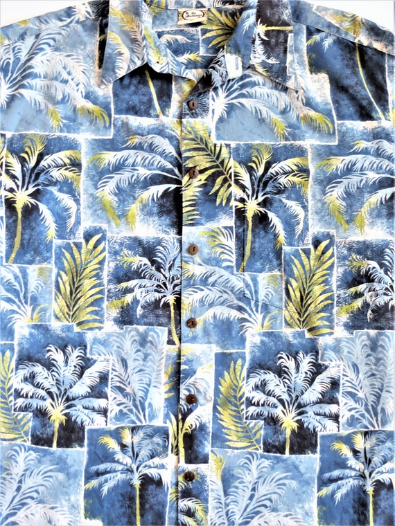 Cotton Hawaiian Shirt with Blue and Green Palm Tr… - image 5