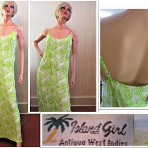Krinkle Festival Dress West Indies Maxi Resort Dress, Green White Rayon Tropical Print, Low Back Long Summer Sundress, Size Large