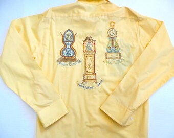 70s Embroidered Shirt, Vintage Clock Designs Front and Back, Large Flare Collar