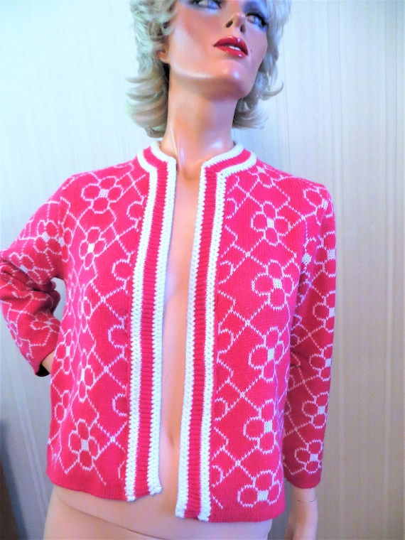 60s 70s Open Cardigan Sweater, Hot Pink White Fuc… - image 1
