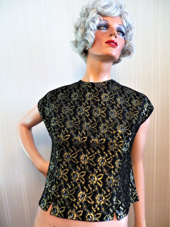 60s Black and Gold Brocade Top, Back Button Short… - image 1