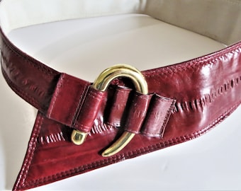 Burgundy Wide Eel Skin Belt, Asymmetrical Wide Wrap Belt, Gold Tone Hook Closure, Boho Retro Cordovan Leather Belt, Big Statement, Medium