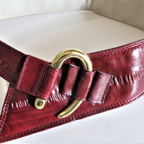 Burgundy Wide Eel Skin Belt, Asymmetrical Wide Wrap Belt, Gold Tone Hook Closure, Boho Retro Cordovan Leather Belt, Big Statement, Medium