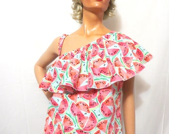 One Shoulder Watermelon Print Summer Blouse, Big Ruffle Collar