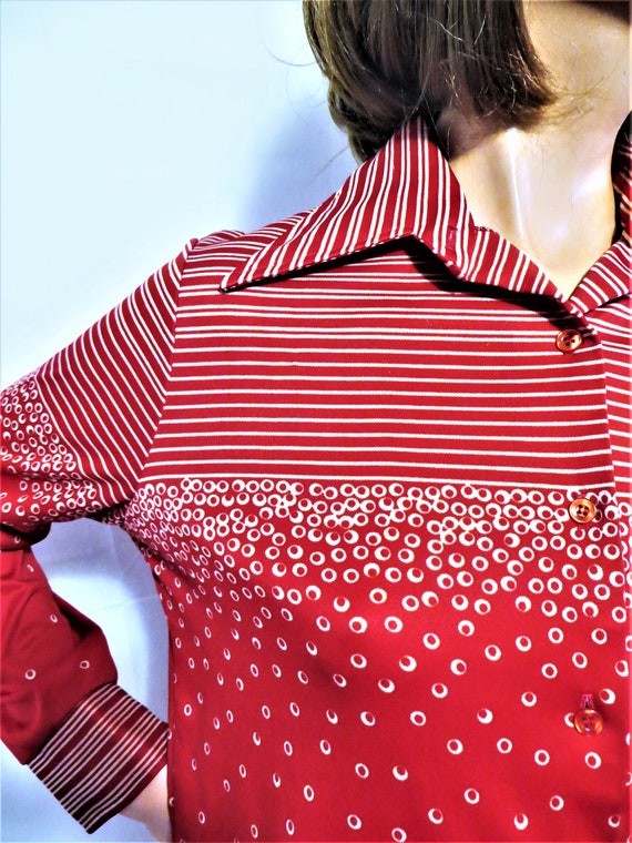 70s Long Sleeve Top, Red Stripes Polka Dots Print… - image 2