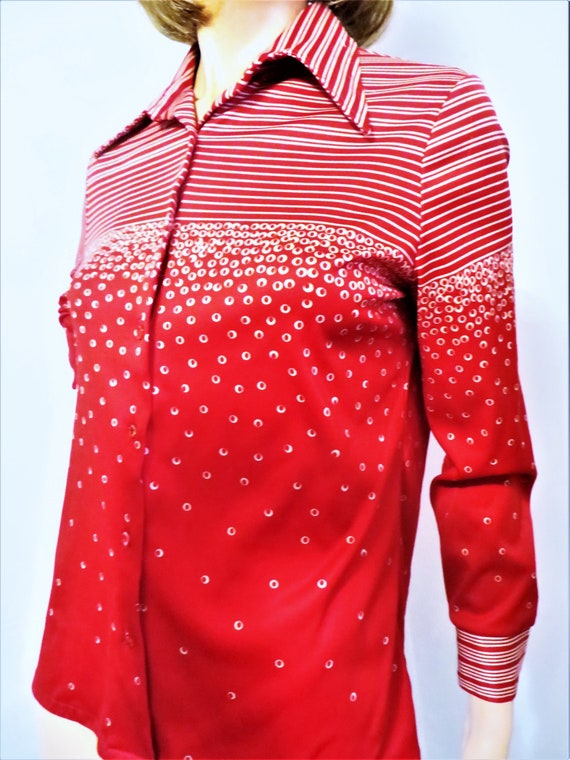70s Long Sleeve Top, Red Stripes Polka Dots Print… - image 8