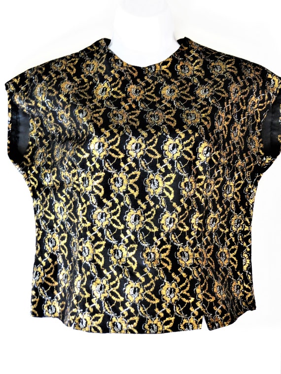 60s Black and Gold Brocade Top, Back Button Short… - image 2