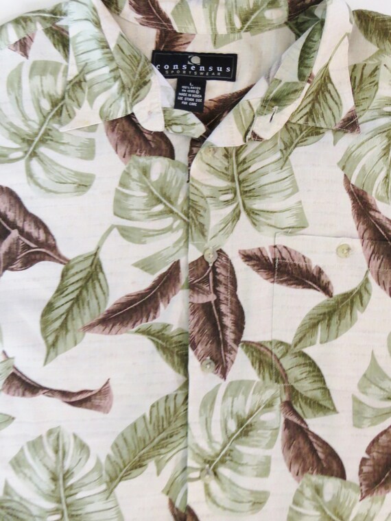 Rayon Hawaiian Shirt,  Green Brown White Tropical… - image 5