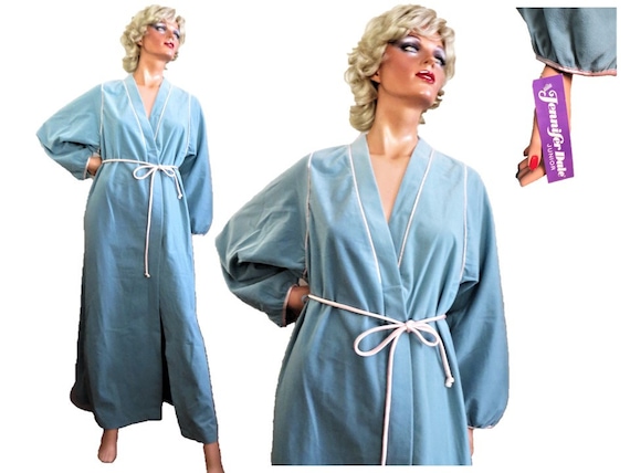 Deadstock 70s Blue Wrap Robe, Blue with Pink Sati… - image 1