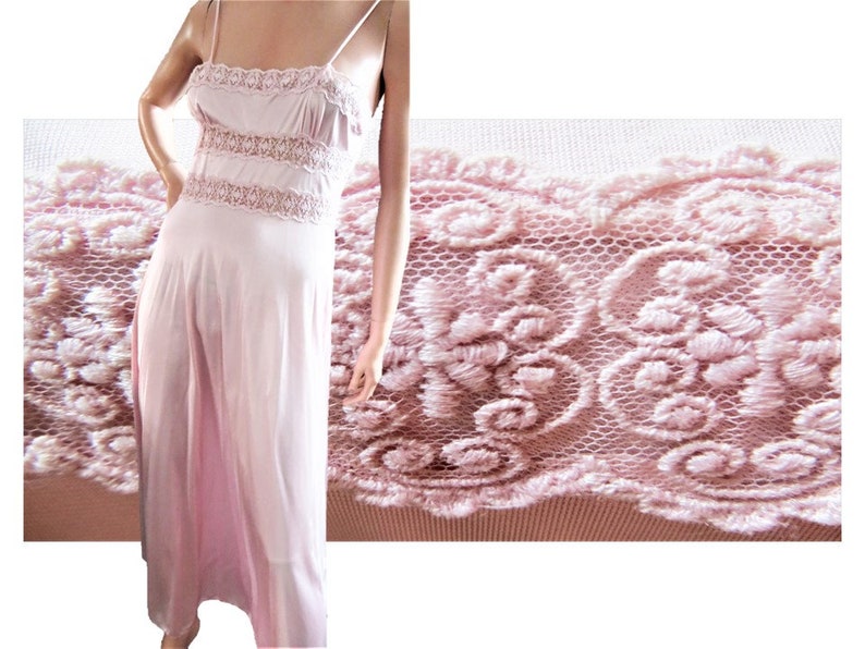 70s Pink Peignoir Set, Rosa Puleo Szule Annique, Stunning Vintage Lacy Nylon Long Nightgown and Robe 2 Piece Fine Lingerie Set Size Small image 5
