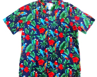 Hawaiian Shirt, RJC Made in Hawaii, Macaws Parrots Cotton Print, Men's XL, Unisex Men or Women