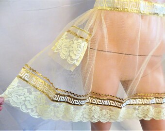 Yellow Net Frilly Apron, Vintage 50s 60s Double Layer, Lace and Gold Trims Rick Rack, Handmade Mid Century Boho Kitchen Decor