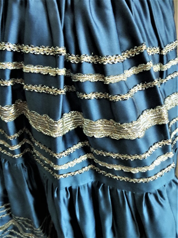 Southwestern Skirt, Blue Shiny Satin Silver Braid… - image 5