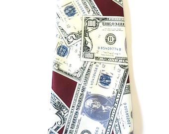 Money Novelty Necktie with 5 dollar 100 dollar 50 dollar 20 dollar 2 dollar Bills, Silk Tie, Mercedes  High Fashion Hand Made