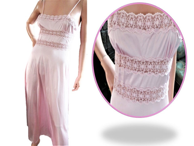 70s Pink Peignoir Set, Rosa Puleo Szule Annique, Stunning Vintage Lacy Nylon Long Nightgown and Robe 2 Piece Fine Lingerie Set Size Small image 8