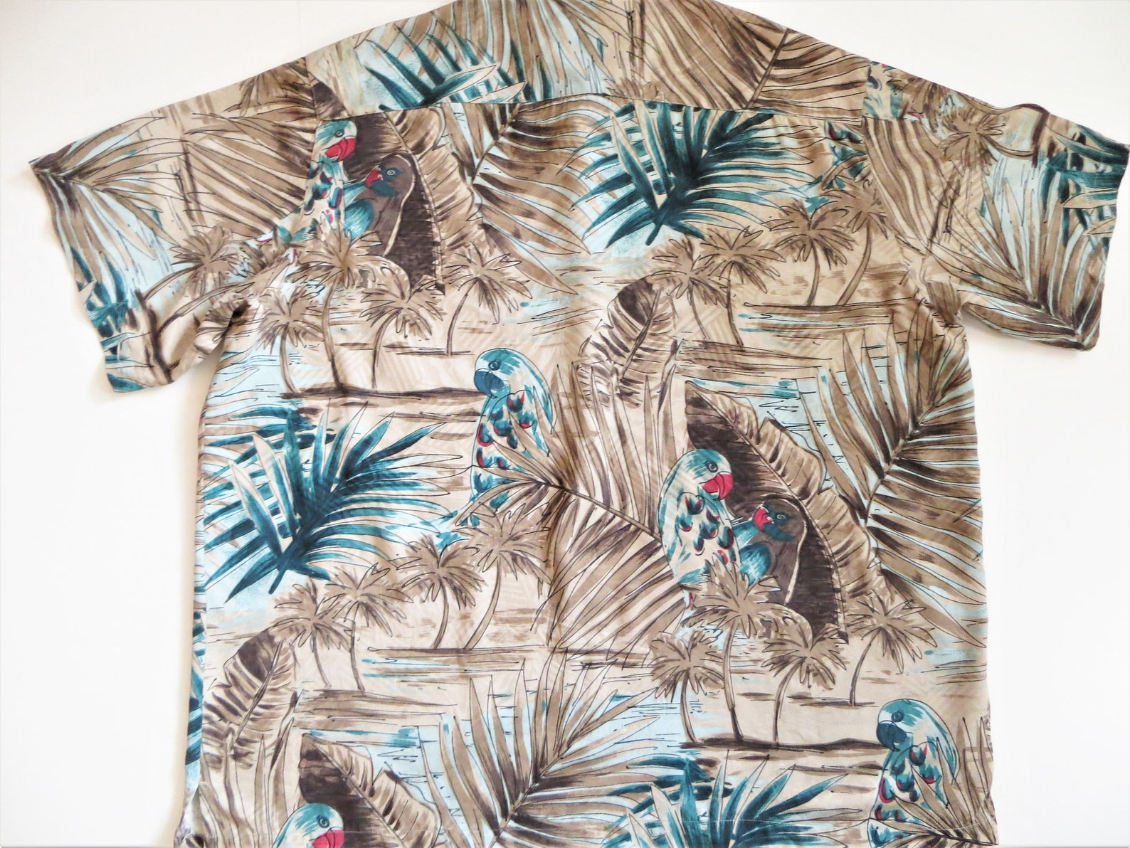Silk Hawaiian Shirt XL, Parrots Palm Trees Teal Blue Brown Khaki ...