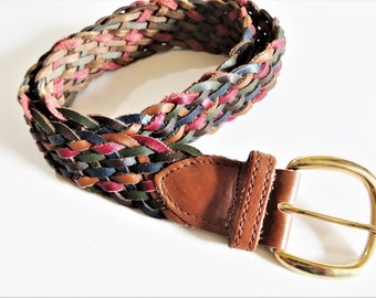 Leather Woven Braided Belt, Multicolored Deep Colors in Browns Burgundy Navy, Guatemala, Adjustable, Small and Medium