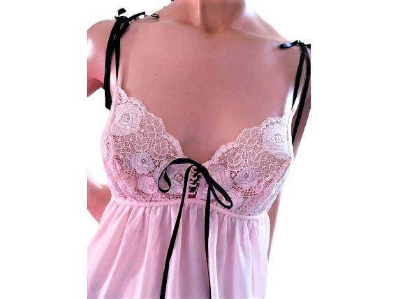 Victoria Secret Pink Cami Baby Doll Camisole, Shorty Nightie, Pajama Top,  Pink Lace Black Ribbons, Perfect Bombshell M 