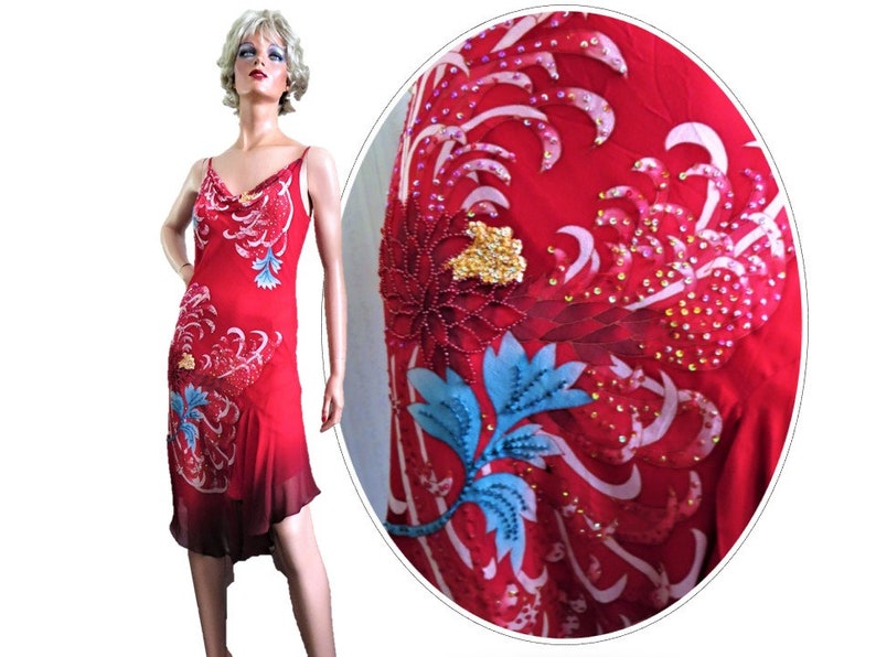 Ombre Red Double Layer Cache Cocktail Dress Bead Sequin Floral Sprays Asymmetrical Hem Small 90s Beaded Silk Chiffon Formal Slip Dress