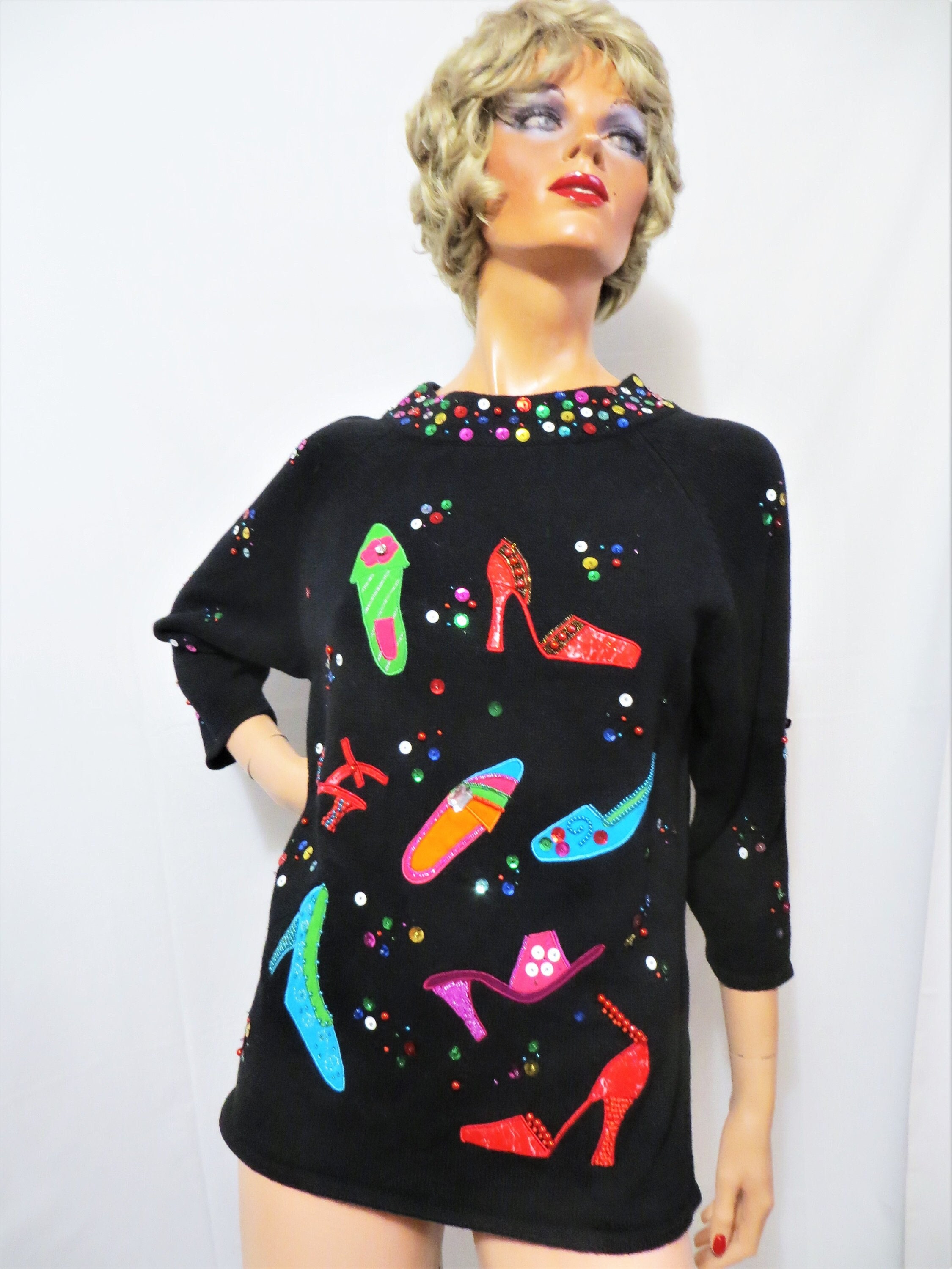 Black Beaded Sweater with Shoe Designs, High Heel Shoe Appliques, Novelty Pullover, Beads Sequins, Bright Colors, 3/4 Length Sleeves, XL