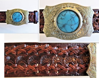 Western Tooled Leather Belt, Big Faux Turquoise Buckle, 2  display picture 3