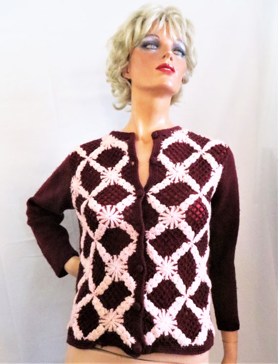 Burgundy and Pink Wool Cardigan Sweater, Knit and… - image 9