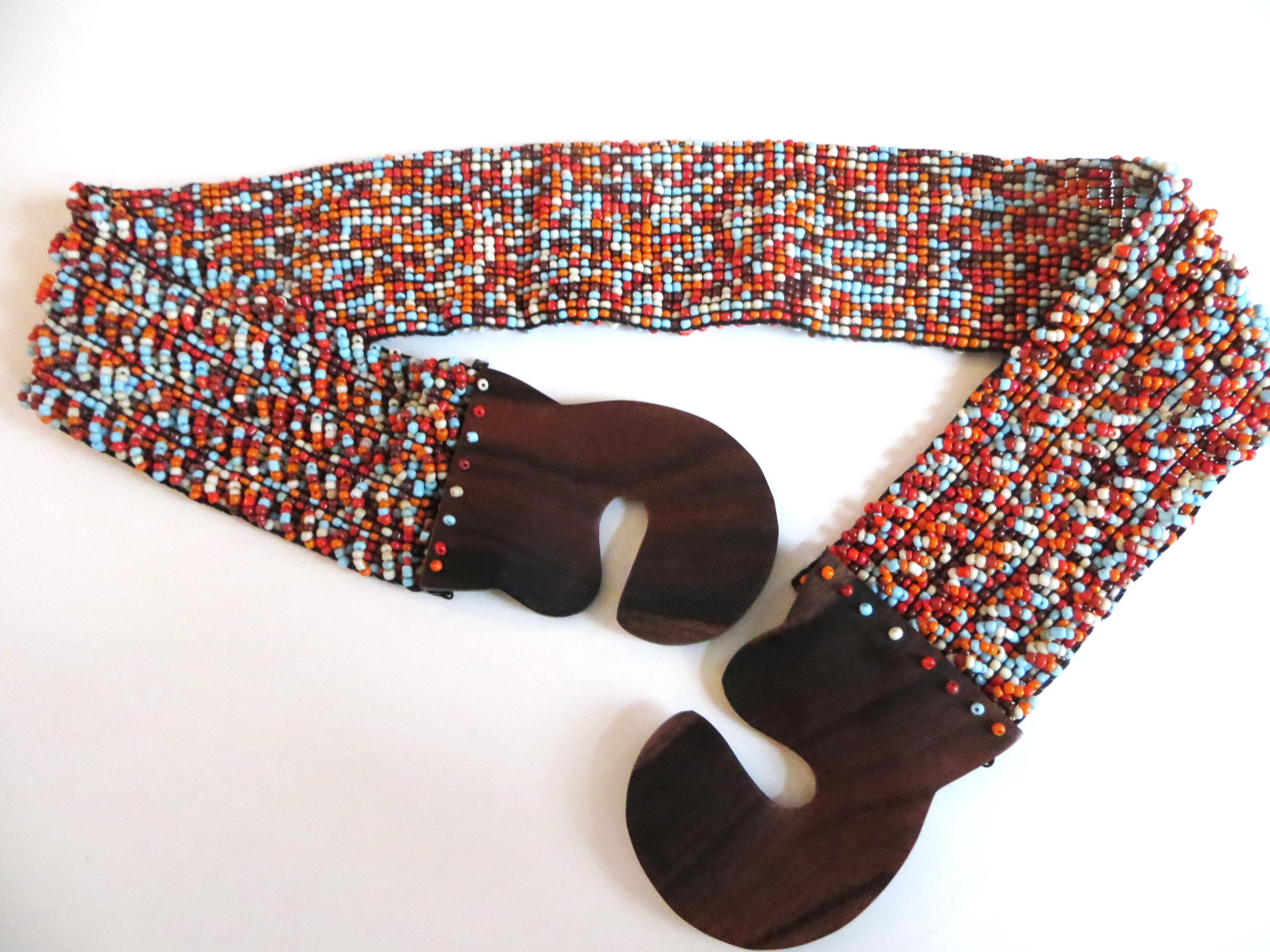 Boho Wide Beaded Stretch Belt Wood Buckle Western Festival Beaded Stretch Belt: Rodeo Cowgirl Style with Wood Buckle main image 4