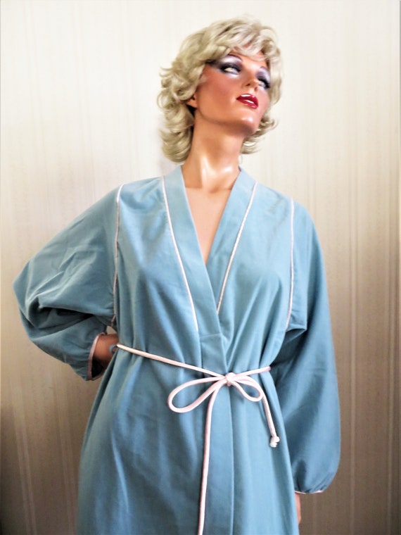 Deadstock 70s Blue Wrap Robe, Blue with Pink Sati… - image 5