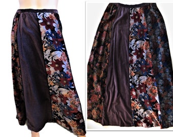 Boho Velveteen Maxi Skirt, Deep Colors, Floral Prints, Full Gored, Waistband Side Zipper, volup vintage Size 18, waist 32 inches, Large