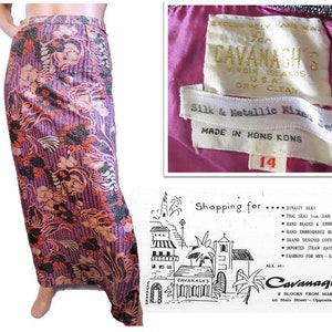 60s 70s Silk Metallic Maxi Skirt, Cavanagh&#39;s Virgin Islands, Purple Coral Pink Black Silver Long Waistband Skirt, Size medium waist 30 in