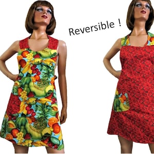 Strawberries and Fruit Reversible Apron, Vintage 90s Bright Colors Full Apron, Cotton Bib Apron, Unused
