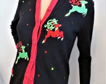 90s Black Christmas Cardigan, Red Green Reindeer Appliques, Ramie Cotton, size small