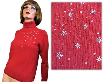 Red Turtleneck Sweater, Beaded Starburst Silver Spray, Pullover Sweater, Cherokee Acrylic Cotton Sweater, size small