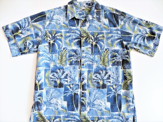 Cotton Hawaiian Shirt with Blue and Green Palm Tr… - image 2