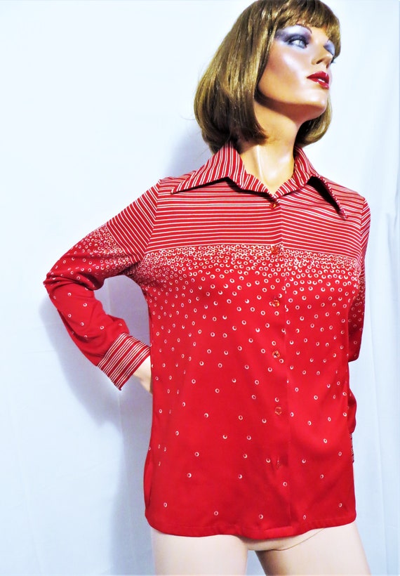 70s Long Sleeve Top, Red Stripes Polka Dots Print… - image 9