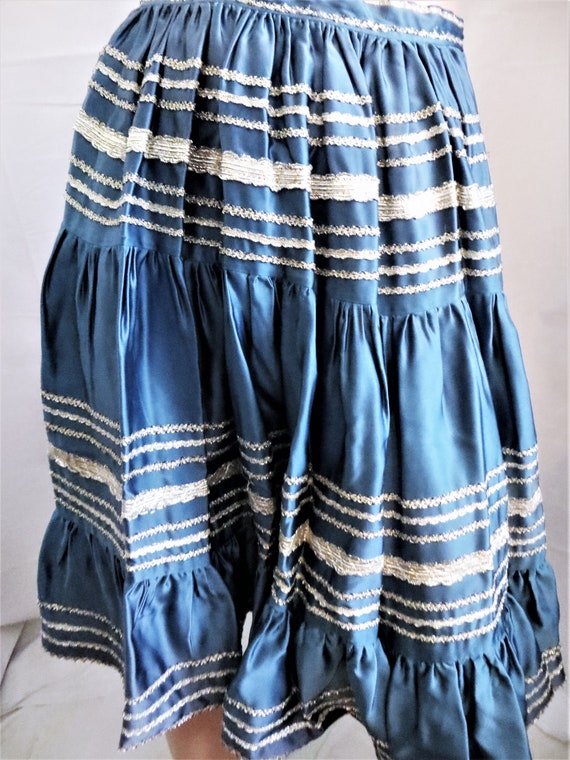 Southwestern Skirt, Blue Shiny Satin Silver Braid… - image 4