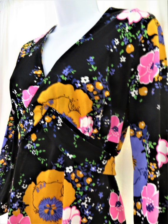 60s 70s Maxi Dress, Black Purple Pink Gold Floral… - image 9