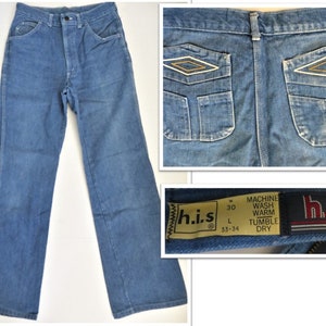 70s High-Rise Jeans, Embroidered Back Pockets, h.i.s. Label, Cotton Denim, Classic Jeans,  Waist 29, Inseam 31 1/2, size Small
