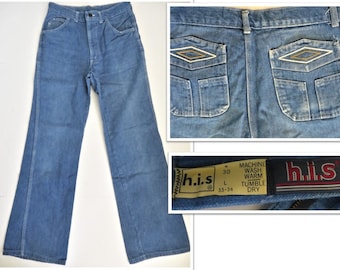 70s High-Rise Jeans, Embroidered Back Pockets, h.i.s. Label, Cotton Denim, Classic Jeans,  Waist 29, Inseam 31 1/2, size Small